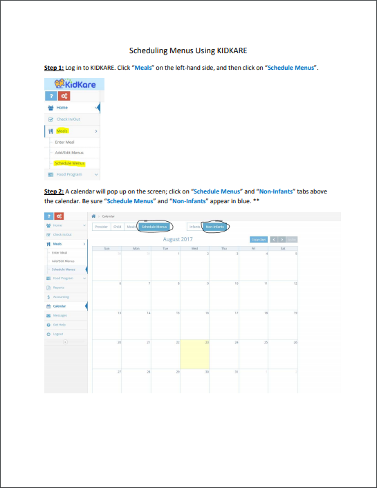 LVCC - CACFP - Tutorials - Scheduling Menus Using KidKare - English