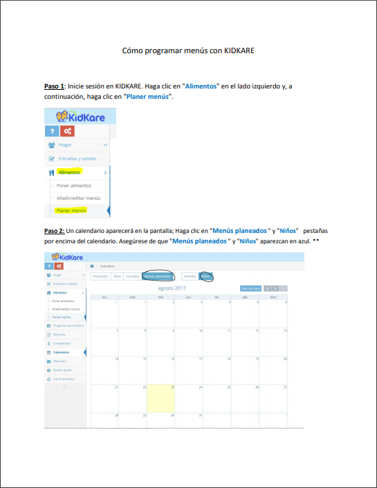 LVCC - CACFP - Tutorials - Scheduling Menus Using KidKare - Spanish