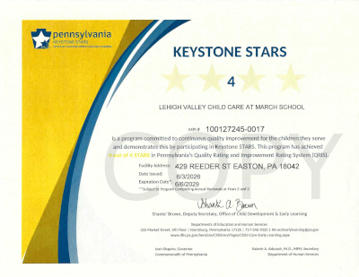 Keystone STARS Certificate LVCC - March School - Keystone Stars Ranking - Easton, PA